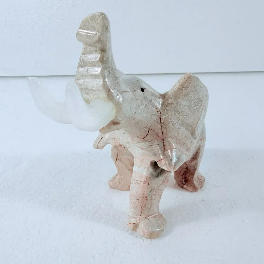Vintage Onyx Marble Stone Elephant Figurine Trunk Up Luck Statue Hand Carved